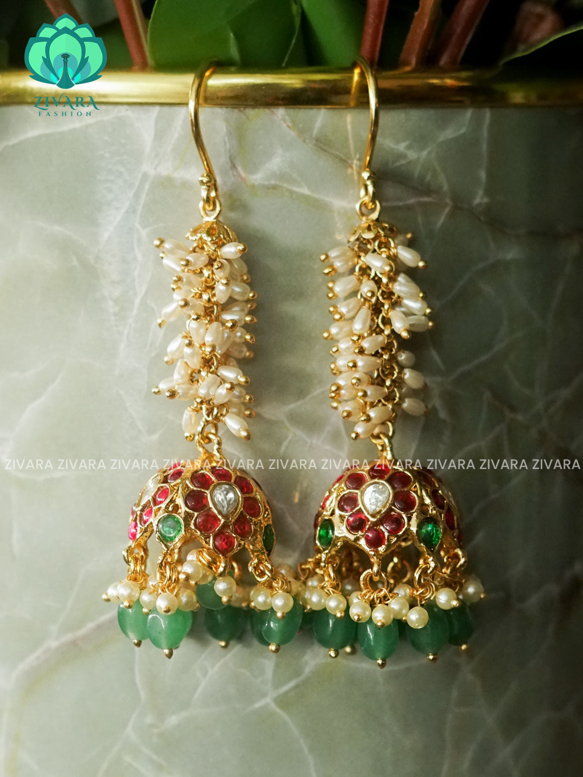 RUBY AND GREEN stone hook type WITH PEARL & GREEN BEADS HANGINGS- TRADITIONAL PREMIUM MATTE  polish JHUMKA- latest jewellery collection- zivara fashion