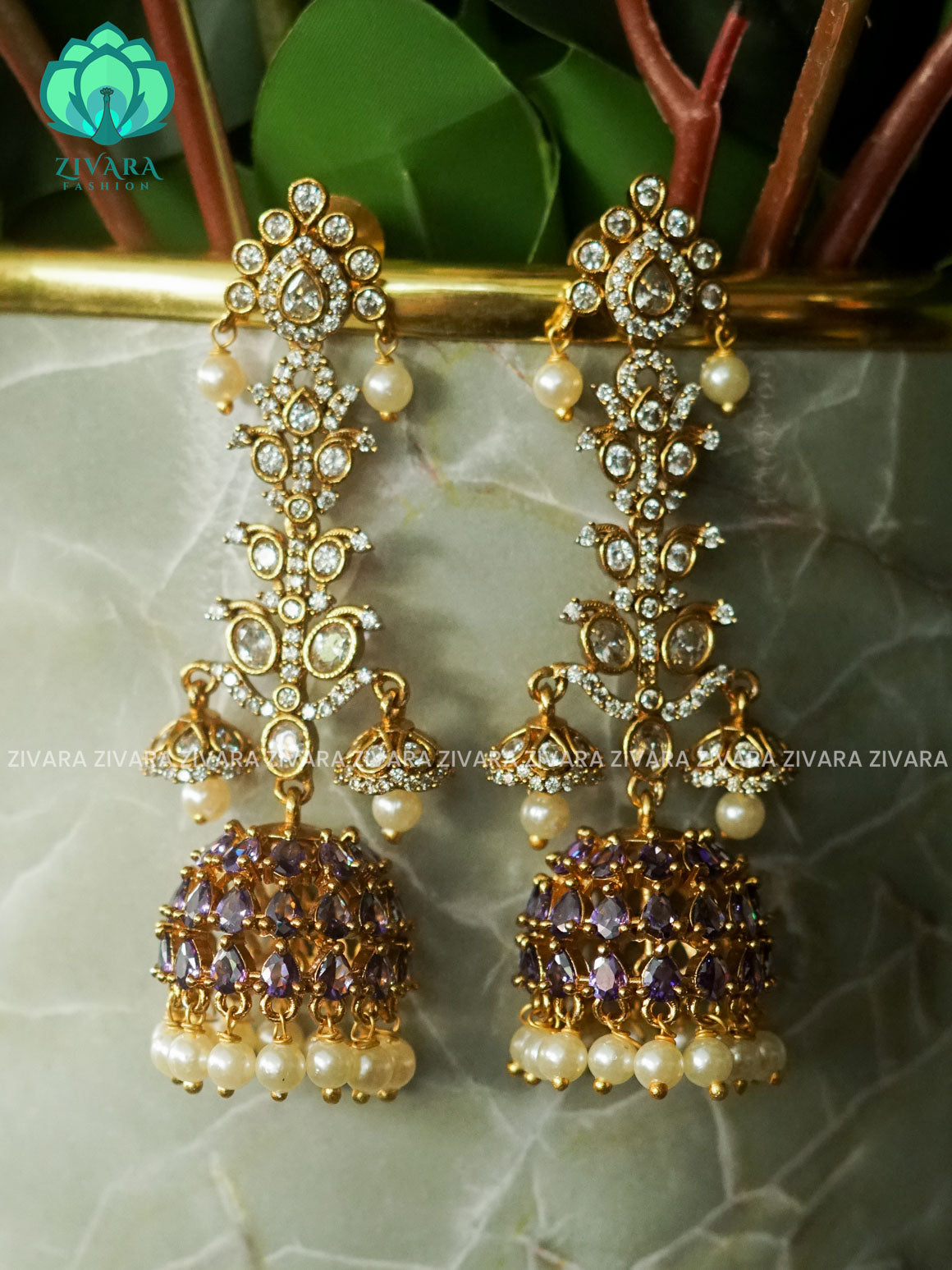 PURPLE WHITE  STONE LONG JHUMKA - Bridal PREMIUM MATTE  polish JHUMKA- latest jewellery collection- zivara fashion
