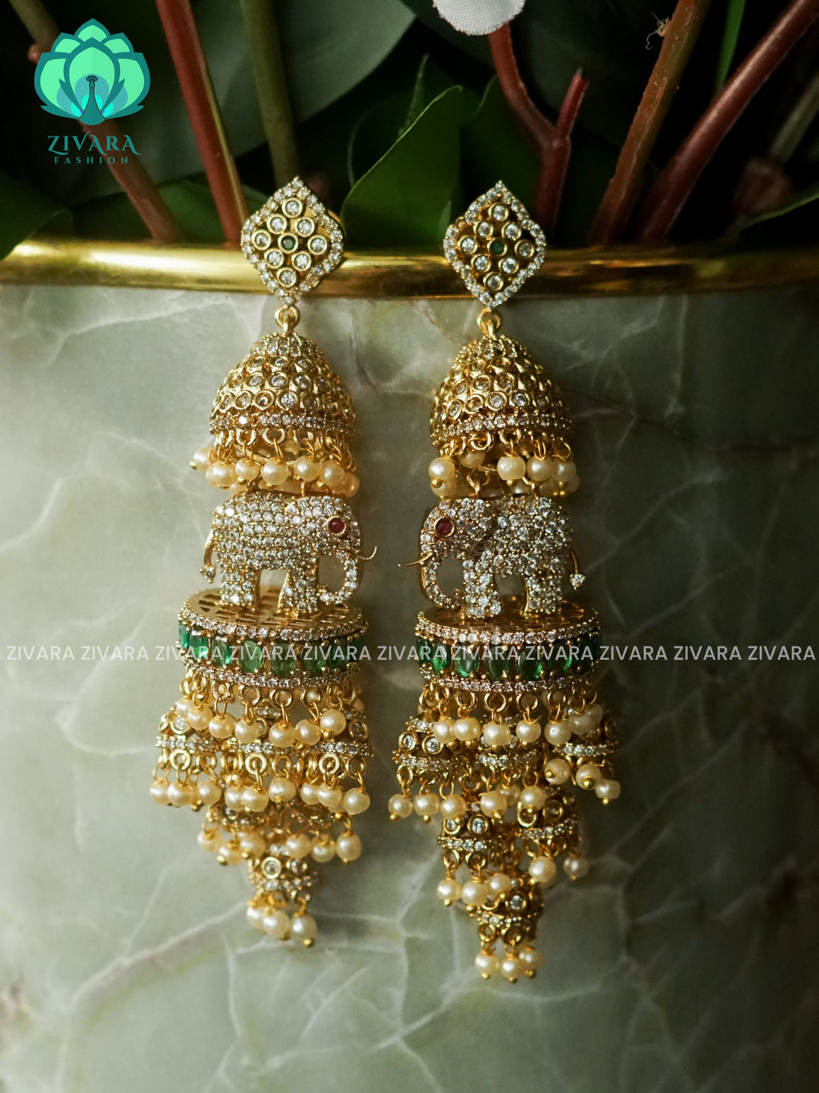 EXUBERANT GREEN  ELEPHANT CHANDELIER JHUMKA - TRADITIONAL PREMIUM MATTE  polish JHUMKA - zivara fashion
