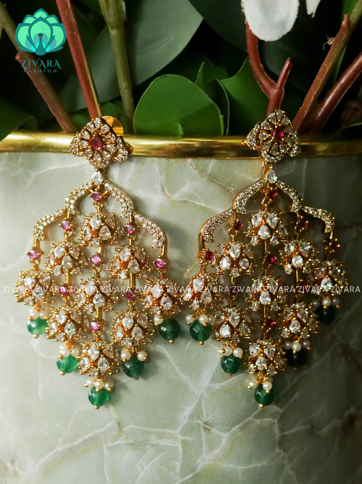 EXUBERANT FLOWER 9 CHANDELIER JHUMKA WITH GREEN BEADS HANGINGS - TRADITIONAL PREMIUM golg polish JHUMKA - zivara fashion