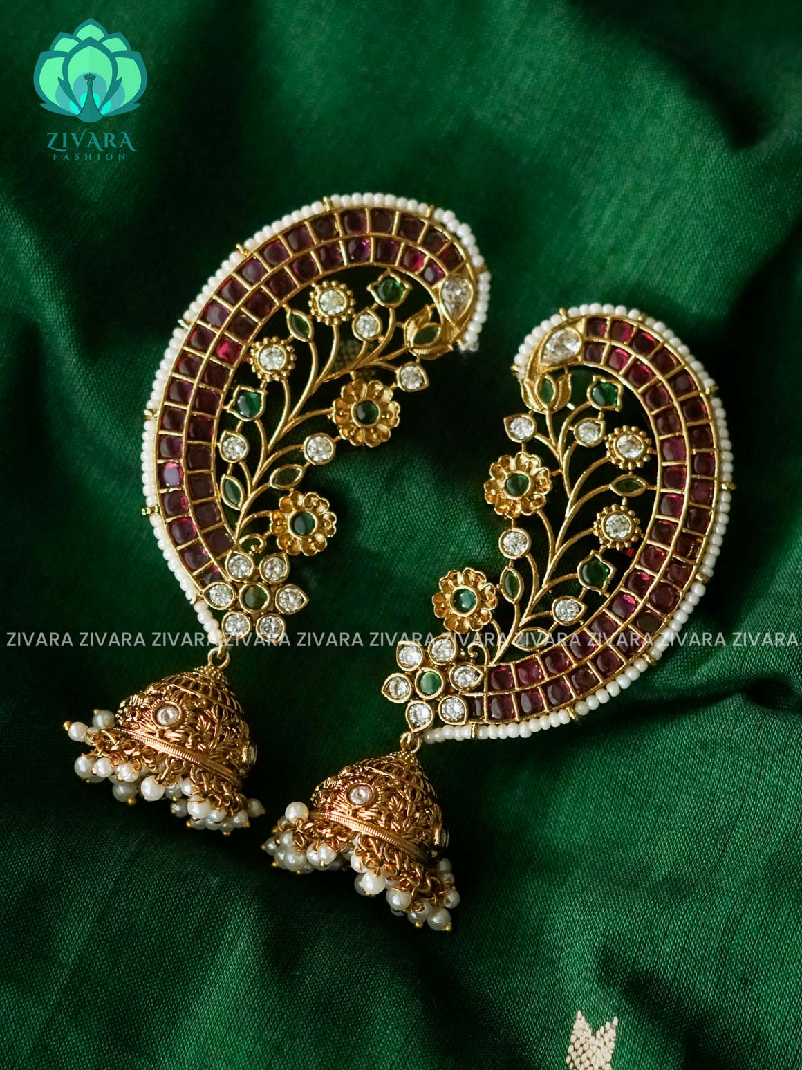 RUBY BIG PEACOCK EARCUFF JHUMKA  latest jewellery collection- zivara fashion
