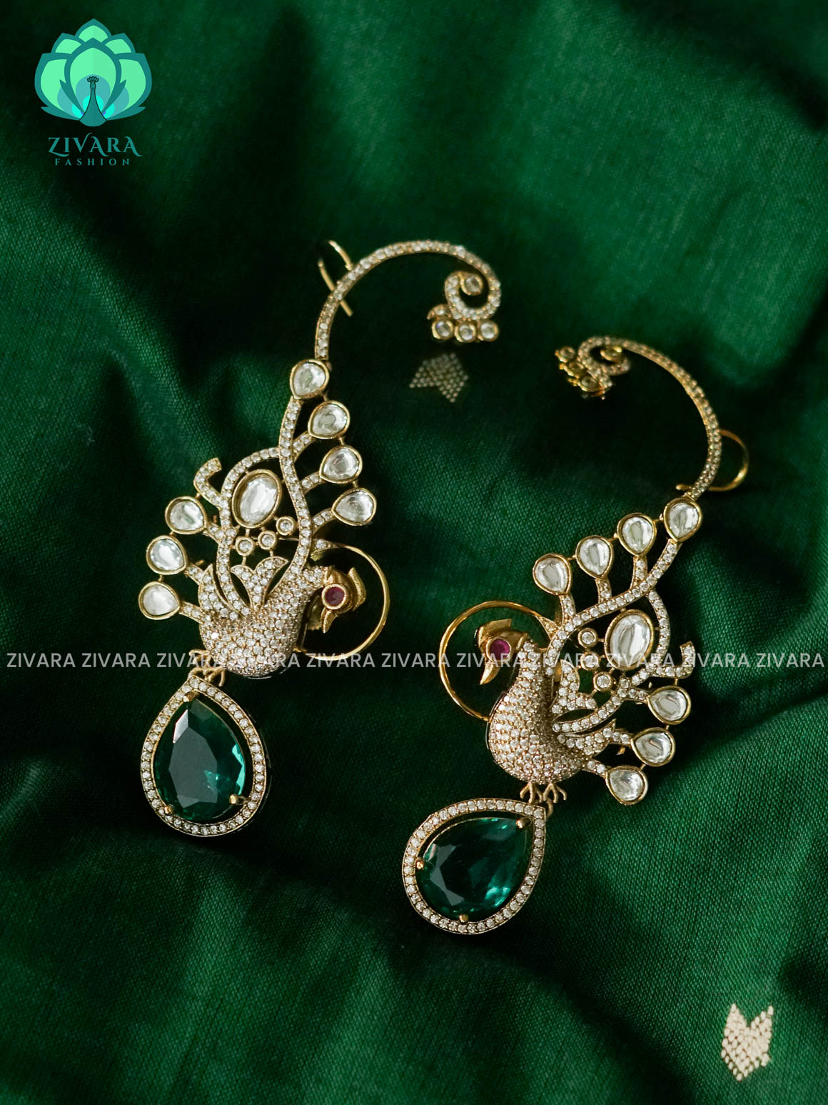 TURQUOISE GREEN WHITE PEACOCK STYLISH SEMI EARCUFF latest jewellery collection- zivara fashion