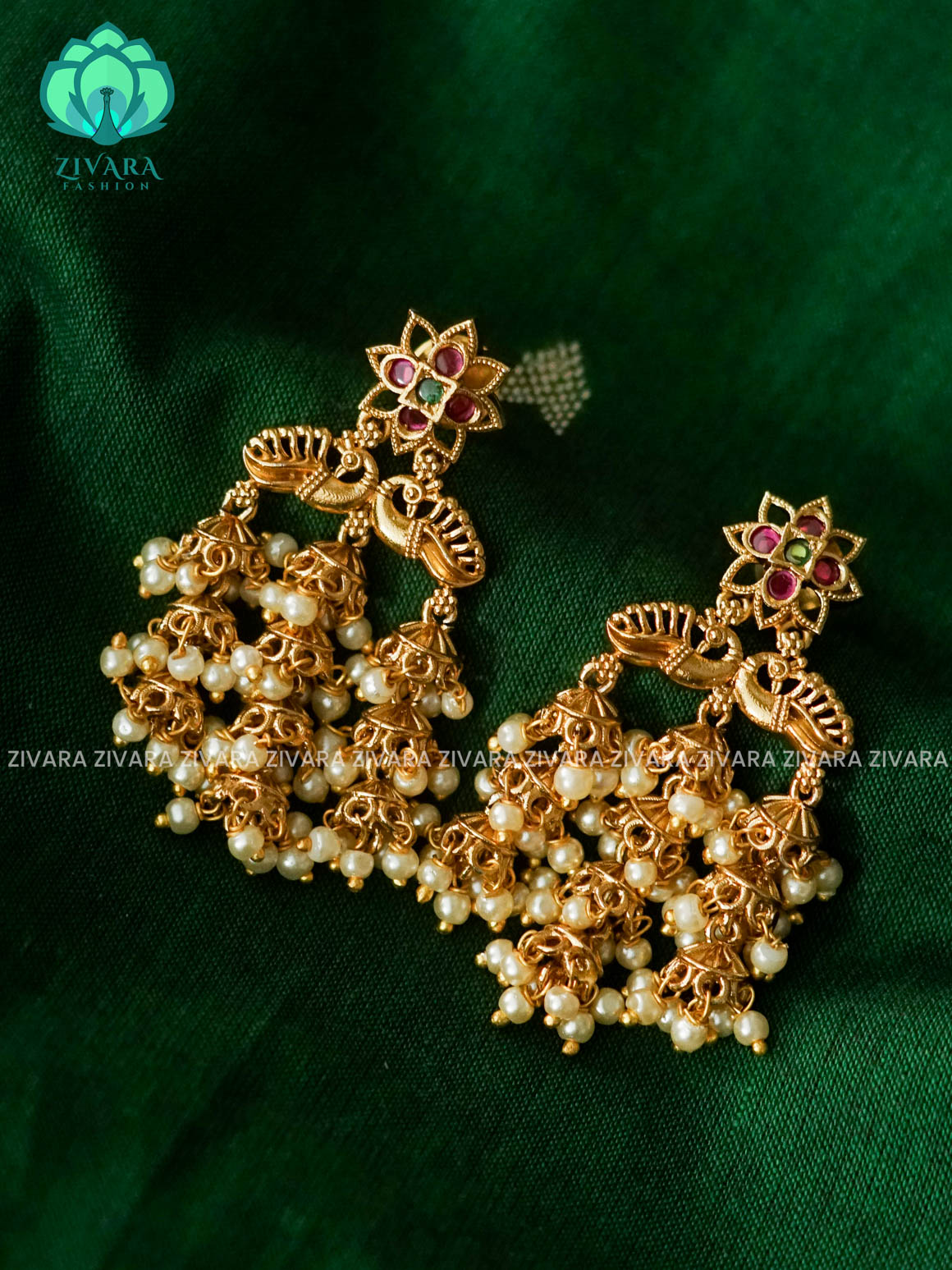 EXUBERANT FLOWER PEACOCK 10 SMALL SIZE CHANDELIER JHUMKA - TRADITIONAL PREMIUM MATTE  polish JHUMKA - zivara fashion