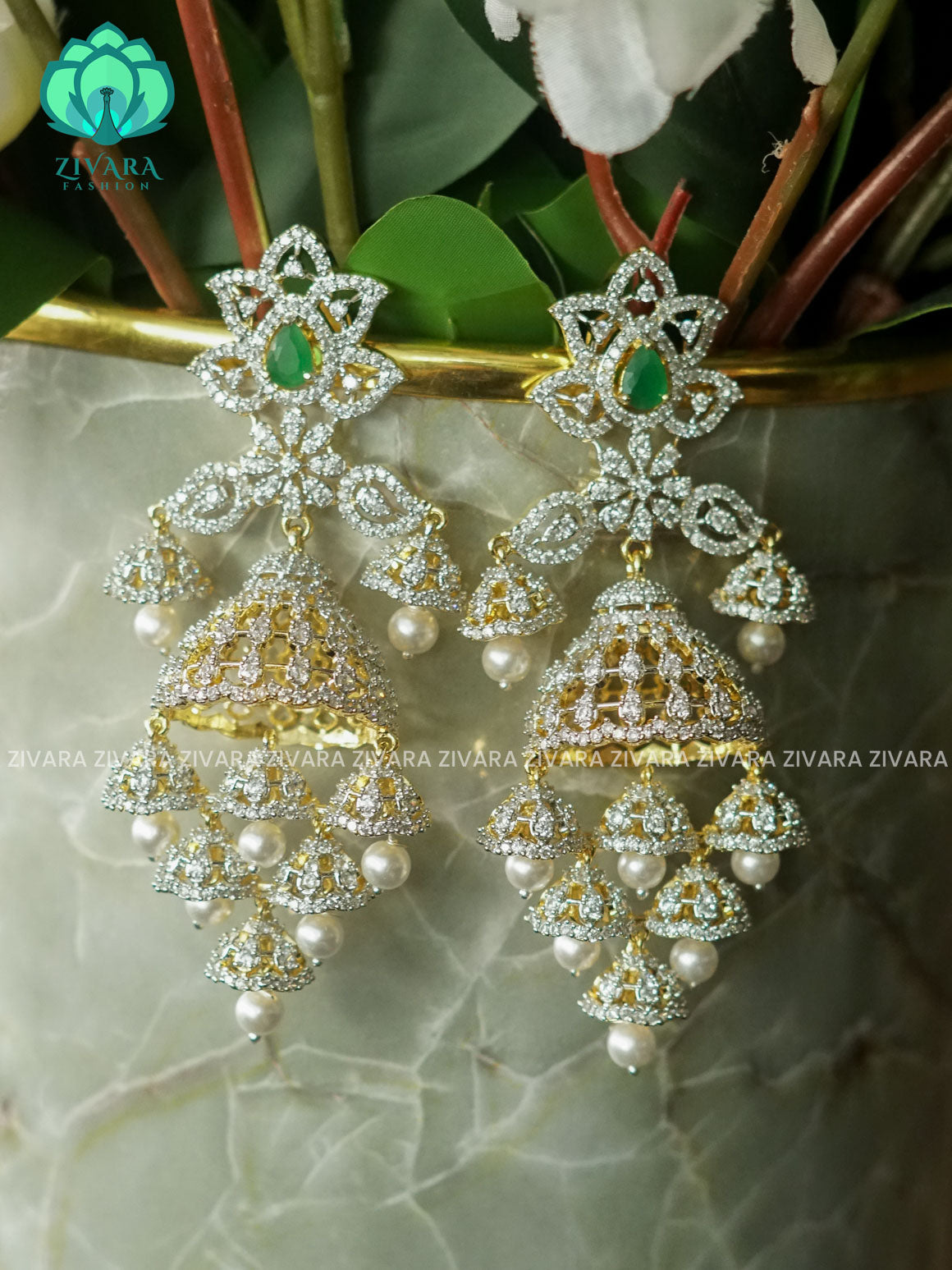 BRIDAL GREEN WHITE AD STONE CHANDELIER JHUMKA - latest trending collection - ZIVARA FASHION