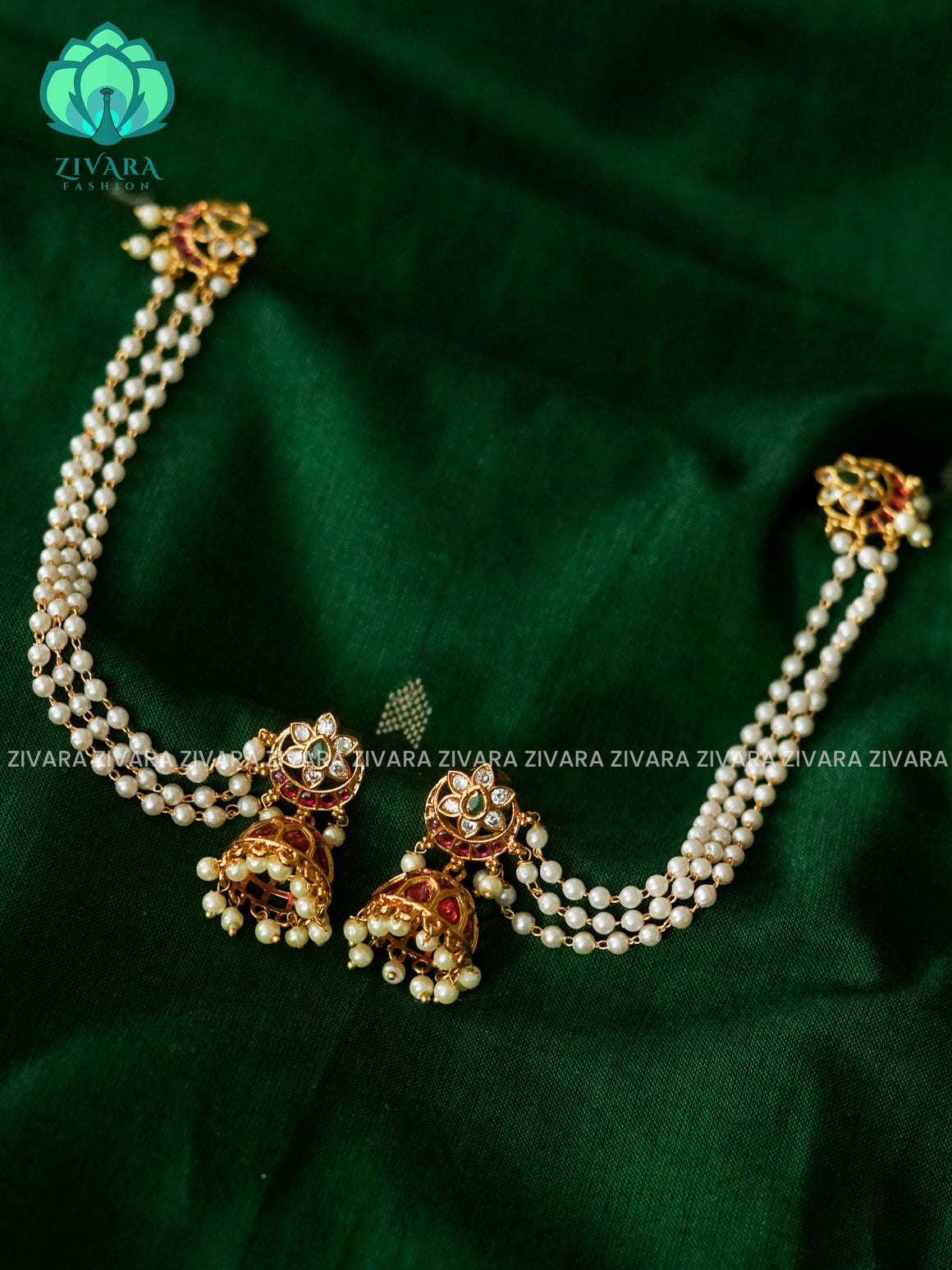 FLOWER CHAND REAL KEMP JHUMKA WITH 3 LAYER MAATAL - latest jewellery collection- zivara fashion