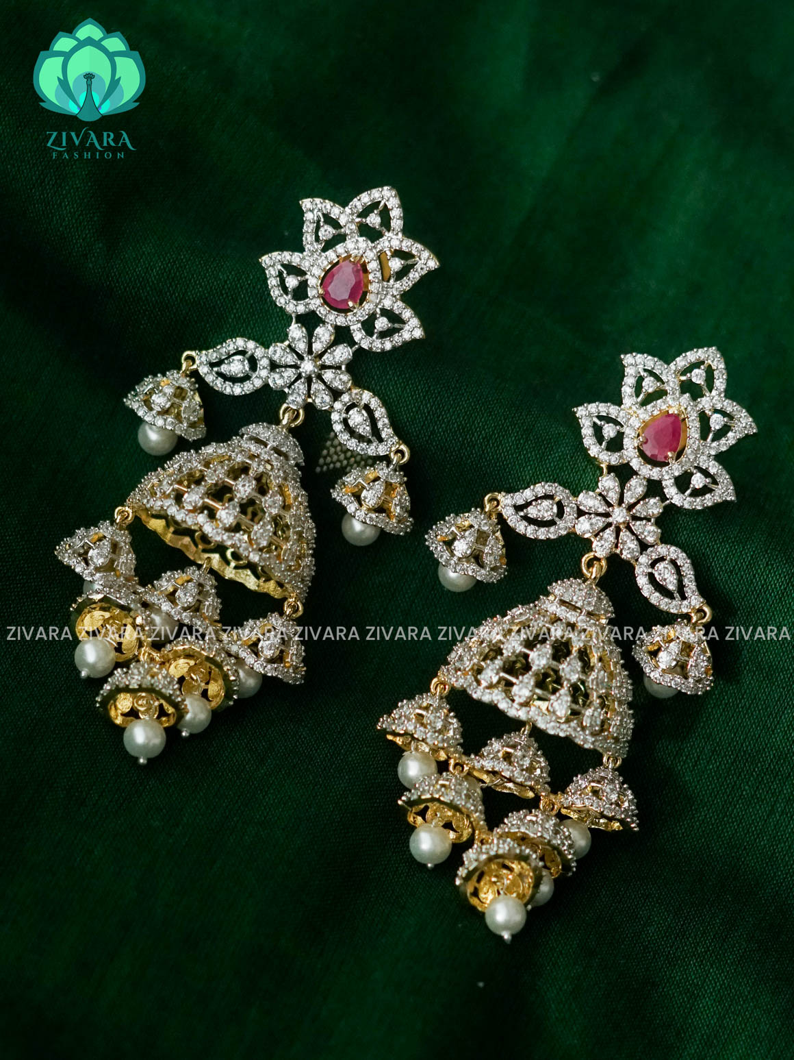 BRIDAL RUBY WHITE AD STONE CHANDELIER JHUMKA - latest trending collection - ZIVARA FASHION