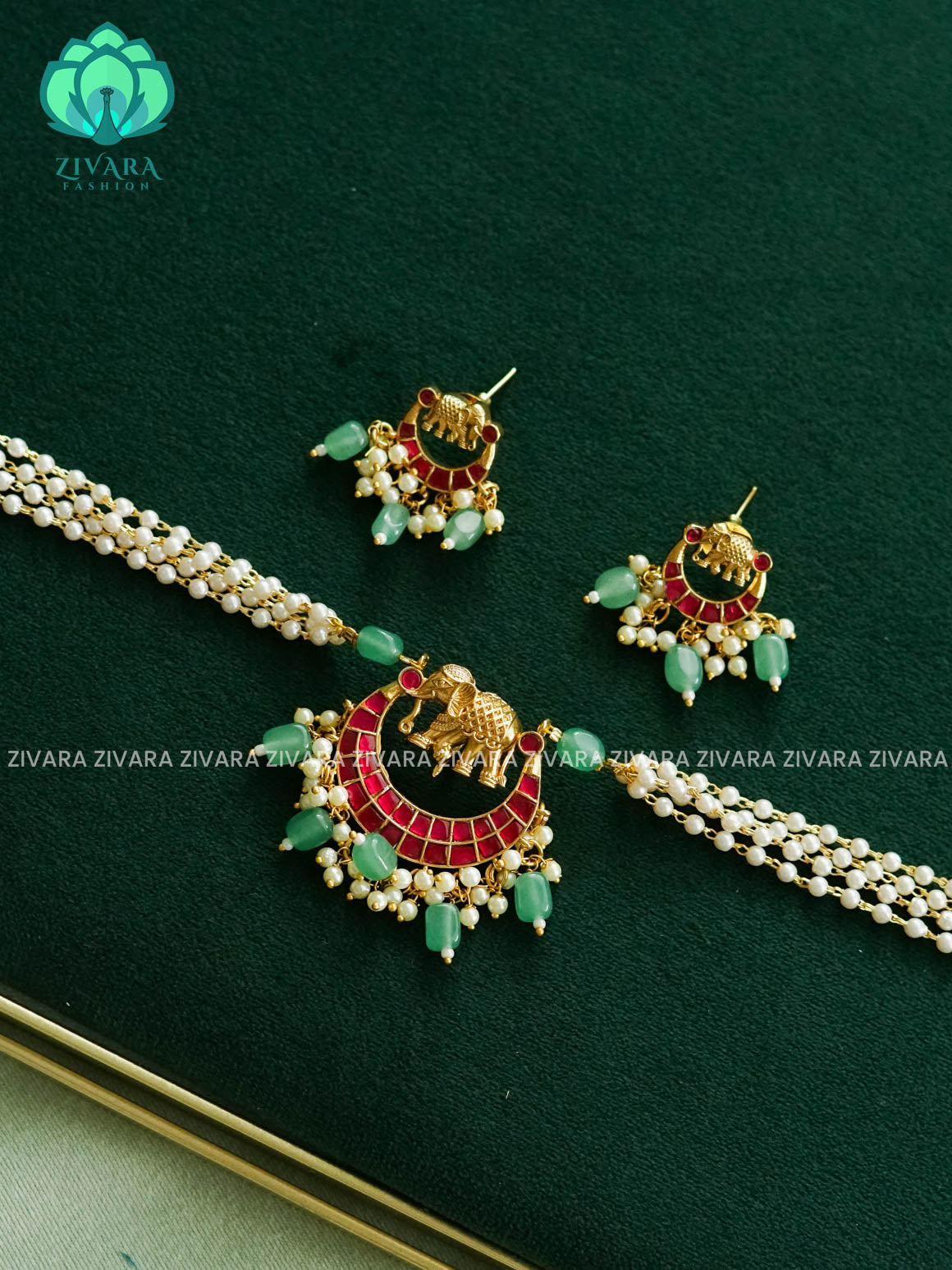 ELEPHANT JADUA PEARL CHOKER WITH GREEN BEADS HANGINGS -  TRADITIONAL CHOKER COLLECTION WITH EARRINGS- LATEST JEWELLERY COLLECTION