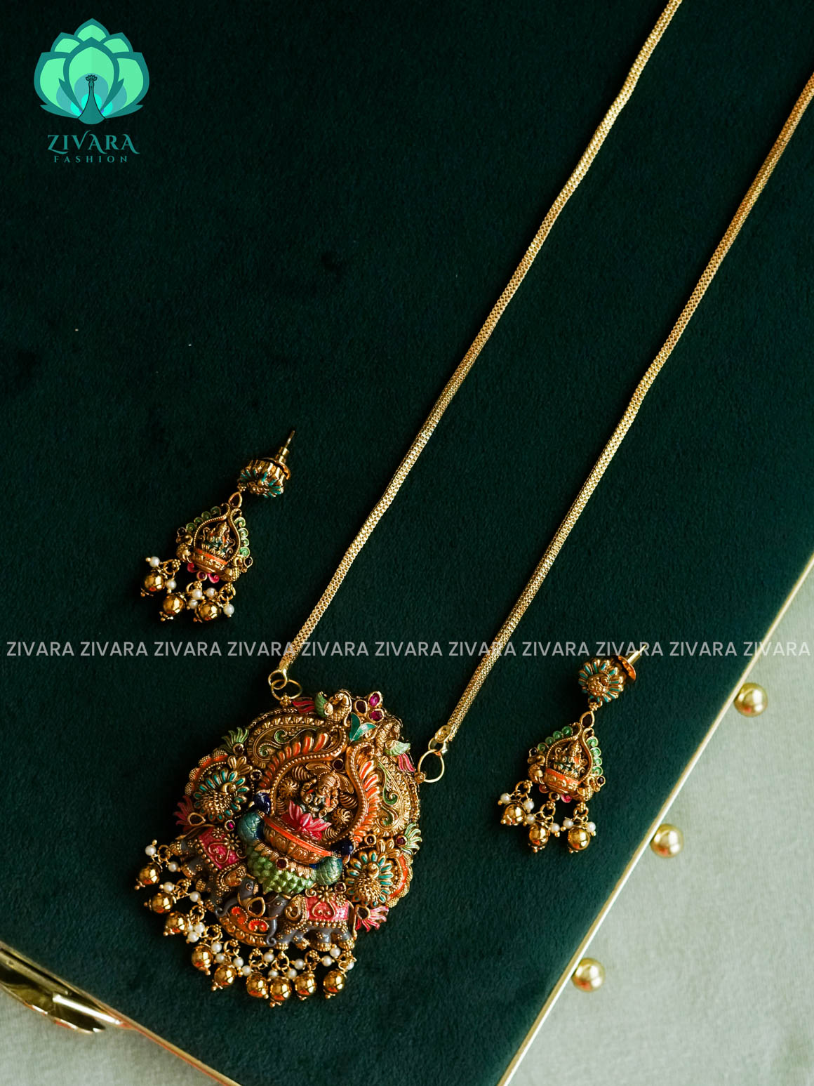 MADHURYA-HAND PAINTED-VINTAGE TEMPLE PENDANT WITH CHAIN - Traditional PREMIUM MATTE polish MIDCHEST neckwear with earrings- Zivara Fashion