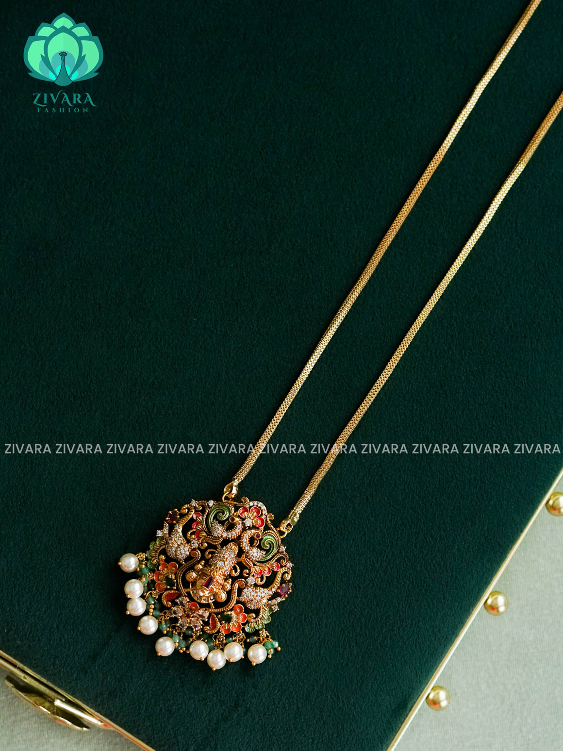 MADHURYA- TIRUMAL - HAND PAINTED-VINTAGE TEMPLE PENDANT WITH CHAIN - Traditional NORMAL MATTE polish MIDCHEST neckwear - Zivara Fashion