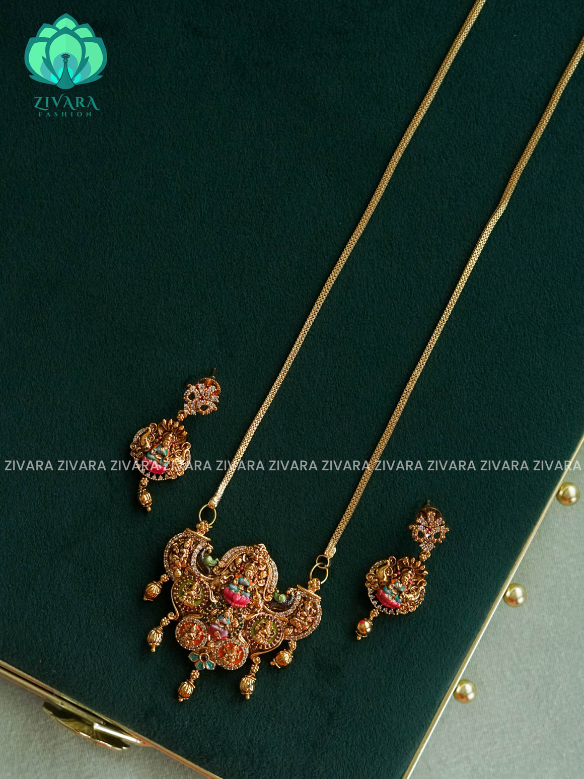 MADHURYA-HAND PAINTED-VINTAGE TEMPLE PENDANT WITH CHAIN - Traditional NORMAL MATTE polish MIDCHEST neckwear with earrings- Zivara Fashion
