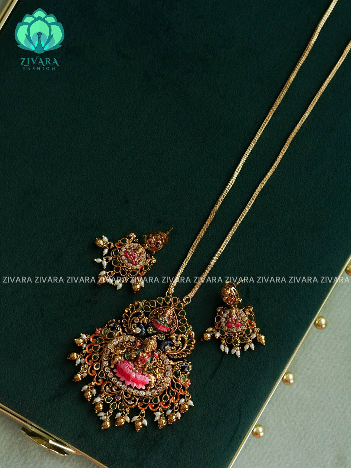 MADHURYA-HAND PAINTED-VINTAGE TEMPLE PENDANT WITH CHAIN - Traditional NORMAL MATTE polish MIDCHEST neckwear with earrings- Zivara Fashion