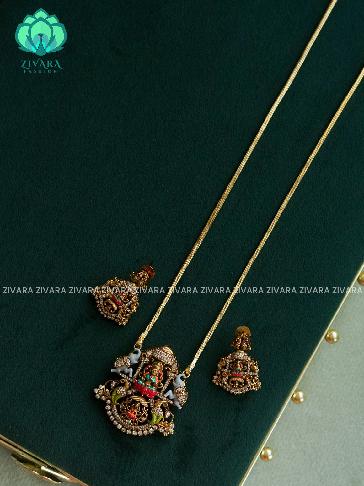 MADHURYA-HAND PAINTED-VINTAGE TEMPLE PENDANT WITH CHAIN - Traditional NORMAL MATTE polish MIDCHEST neckwear with earrings- Zivara Fashion