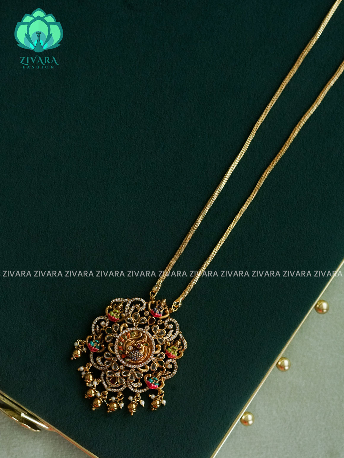 MADHURYA-HAND PAINTED-VINTAGE TEMPLE PENDANT WITH CHAIN - Traditional NORMAL MATTE polish MIDCHEST neckwear - Zivara Fashion