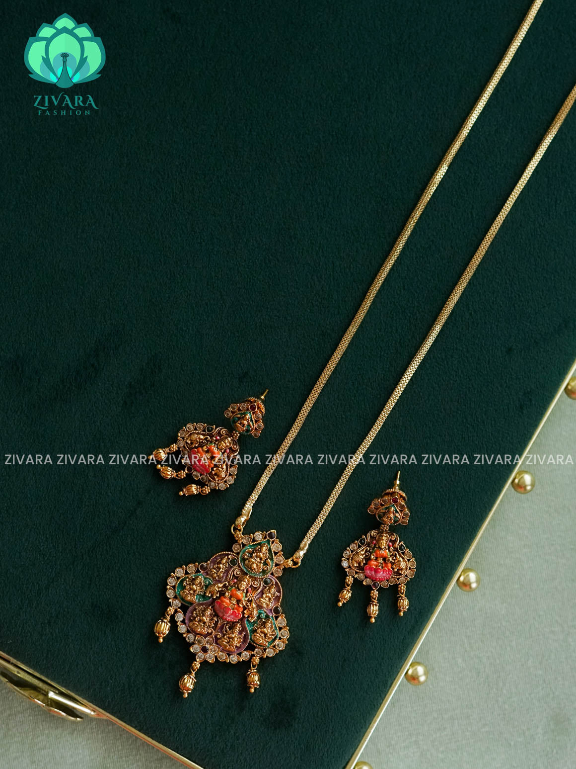 MADHURYA-HAND PAINTED-VINTAGE TEMPLE PENDANT WITH CHAIN - Traditional NORMAL MATTE polish MIDCHEST neckwear with earrings- Zivara Fashion