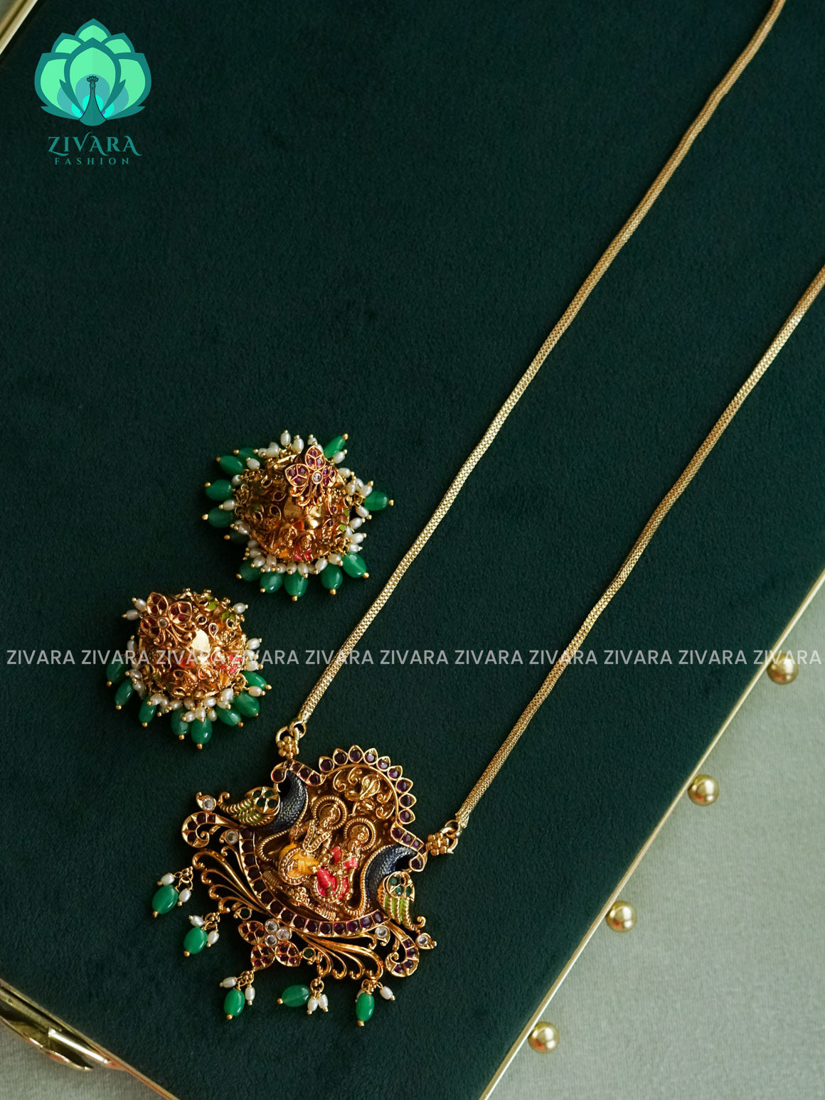 MADHURYA-HAND PAINTED-VINTAGE TEMPLE PENDANT WITH CHAIN - Traditional NORMAL MATTE polish MIDCHEST neckwear with earrings- Zivara Fashion