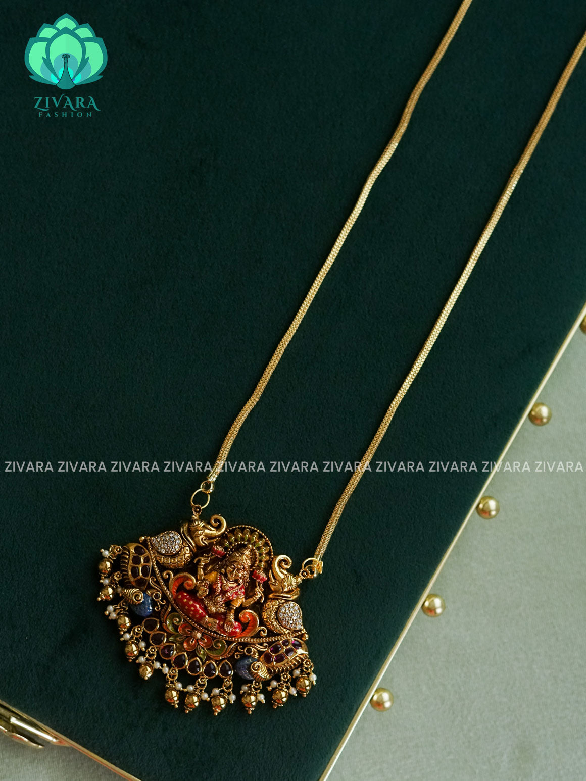 MADHURYA-HAND PAINTED-VINTAGE TEMPLE PENDANT WITH CHAIN - Traditional NORMAL MATTE polish MIDCHEST neckwear - Zivara Fashion