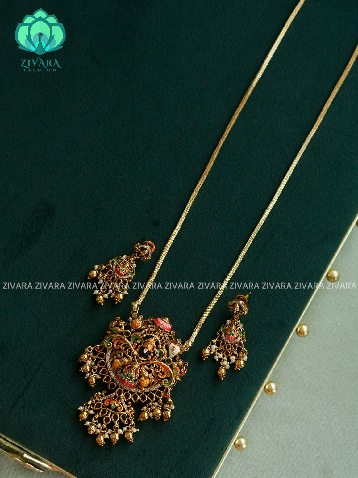 MADHURYA - TIRUMAL - HAND PAINTED-VINTAGE TEMPLE PENDANT WITH CHAIN - Traditional NORMAL MATTE polish MIDCHEST neckwear with earrings- Zivara Fashion