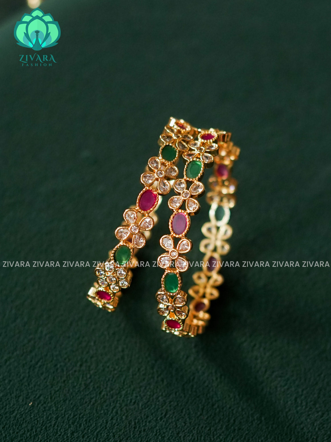 ZYRA - 2 piece white floral ruby green oval stone micro gold polish bangles  - Premium quality daily use bangles - Zivara fashion