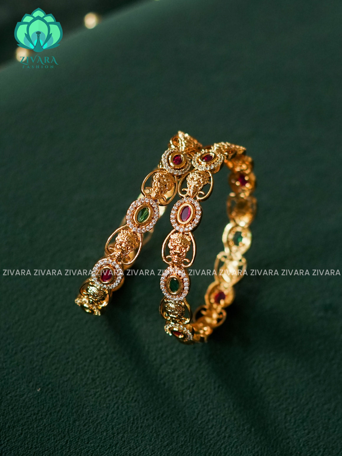 2 PIECE TEMPLE RUBY GREEN STONE BANGLE -  latest bangles design-zivara fashion