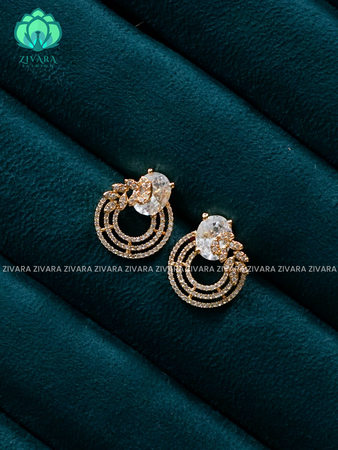 ZYRA - WHITE STONE LEAF CIRCLE MICRO GOLD POLISH STUD - latest jewellery collection- zivara fashion