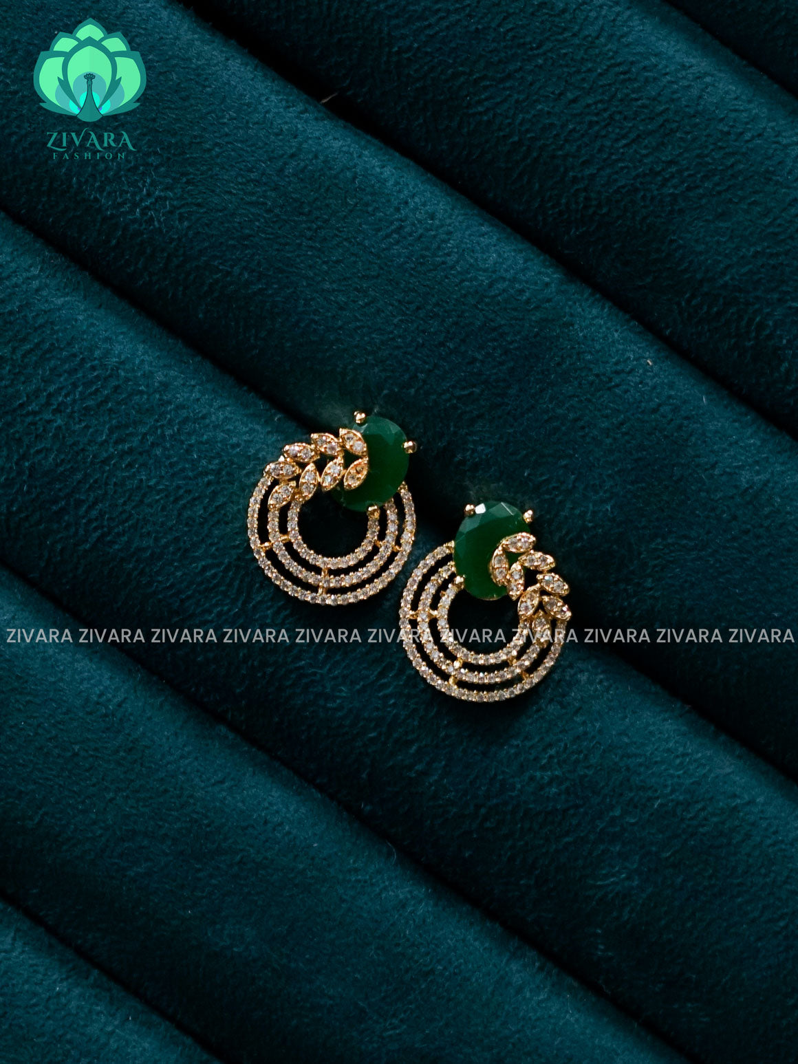 ZYRA - GREEN STONE LEAF CIRCLE MICRO GOLD POLISH STUD - latest jewellery collection- zivara fashion