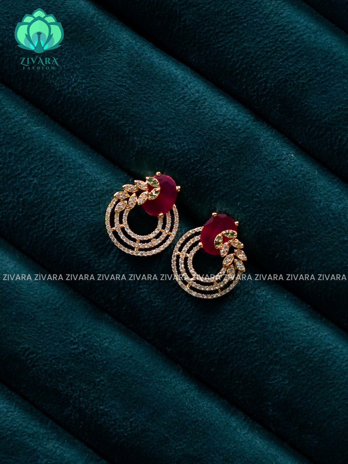 ZYRA - RUBY STONE LEAF CIRCLE MICRO GOLD POLISH STUD - latest jewellery collection- zivara fashion