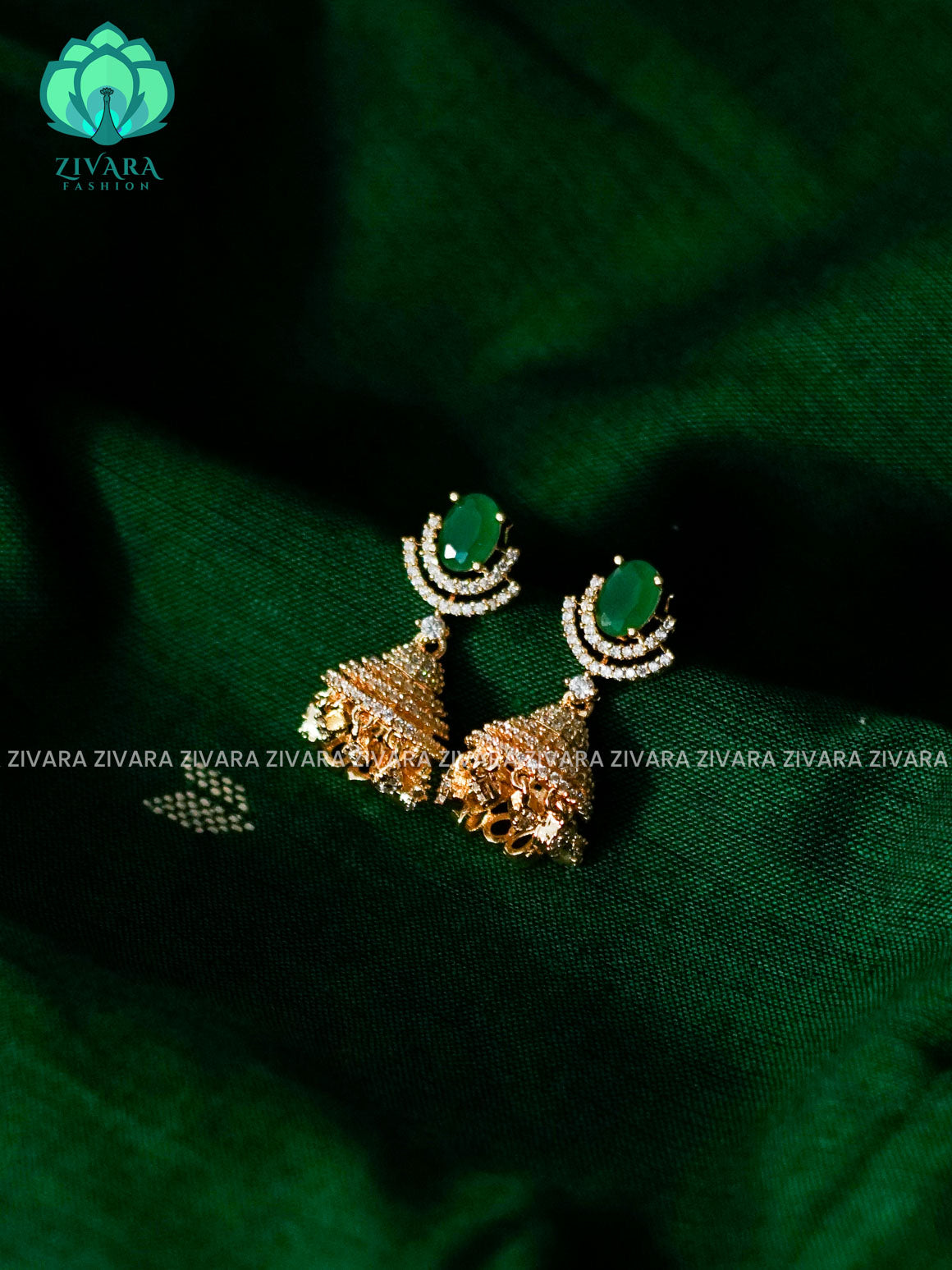 ZYRA - GREEN WHITE STONE MICRO GOLD POLISH KIDS FRIENDLY JHUMKA - latest jewellery collection- zivara fashion