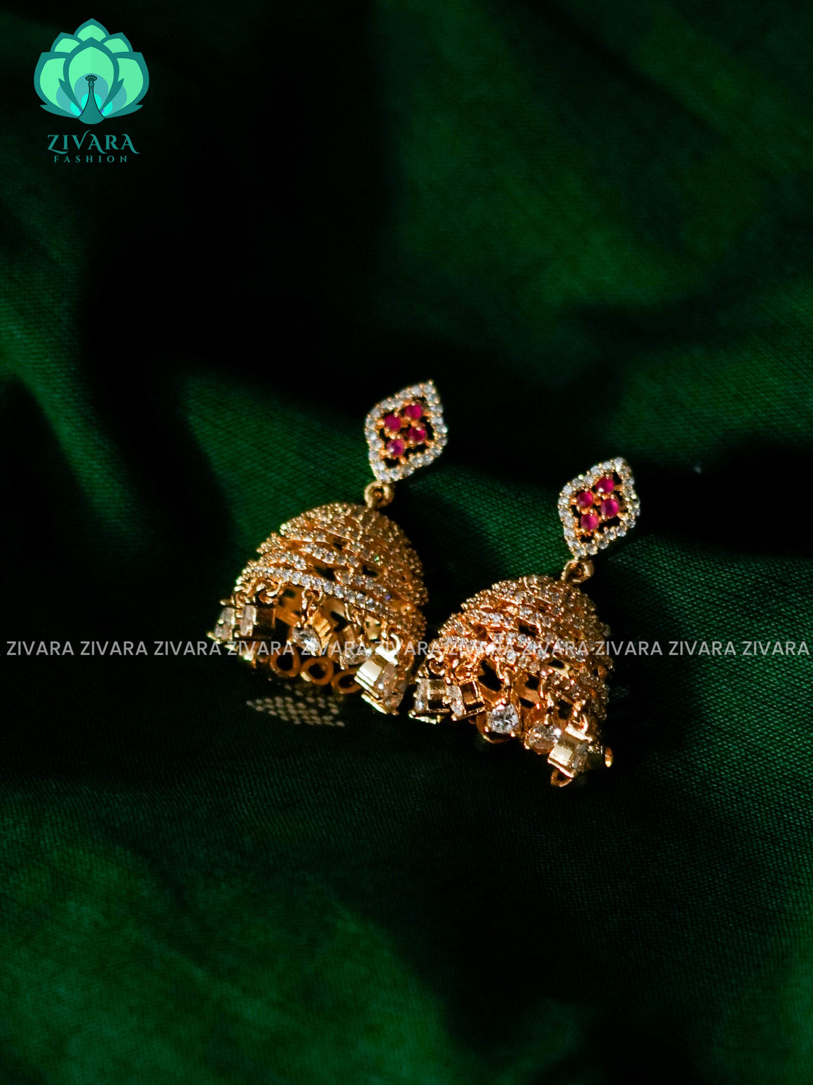 ZYRA- RUBY WHITE STONE MICRO GOLD POLISH JHUMKA - latest jewellery collection- zivara fashion
