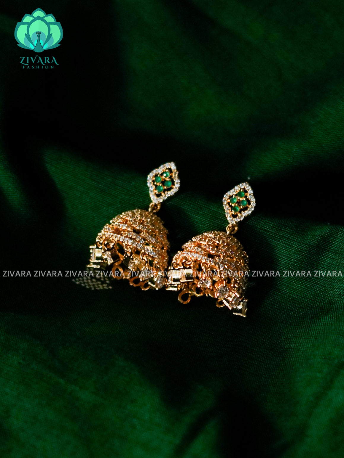 ZYRA - GREEN WHITE STONE MICRO GOLD POLISH JHUMKA - latest jewellery collection- zivara fashion