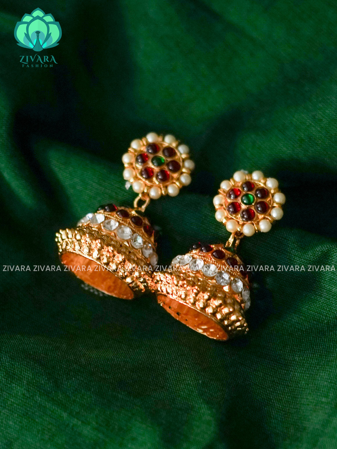 RED AND GREEN  - TRADITIONAL KEMP SMALL SIZE PROMINENT HANDMADE  JHUMKA - latest kemp dance jewellery collection