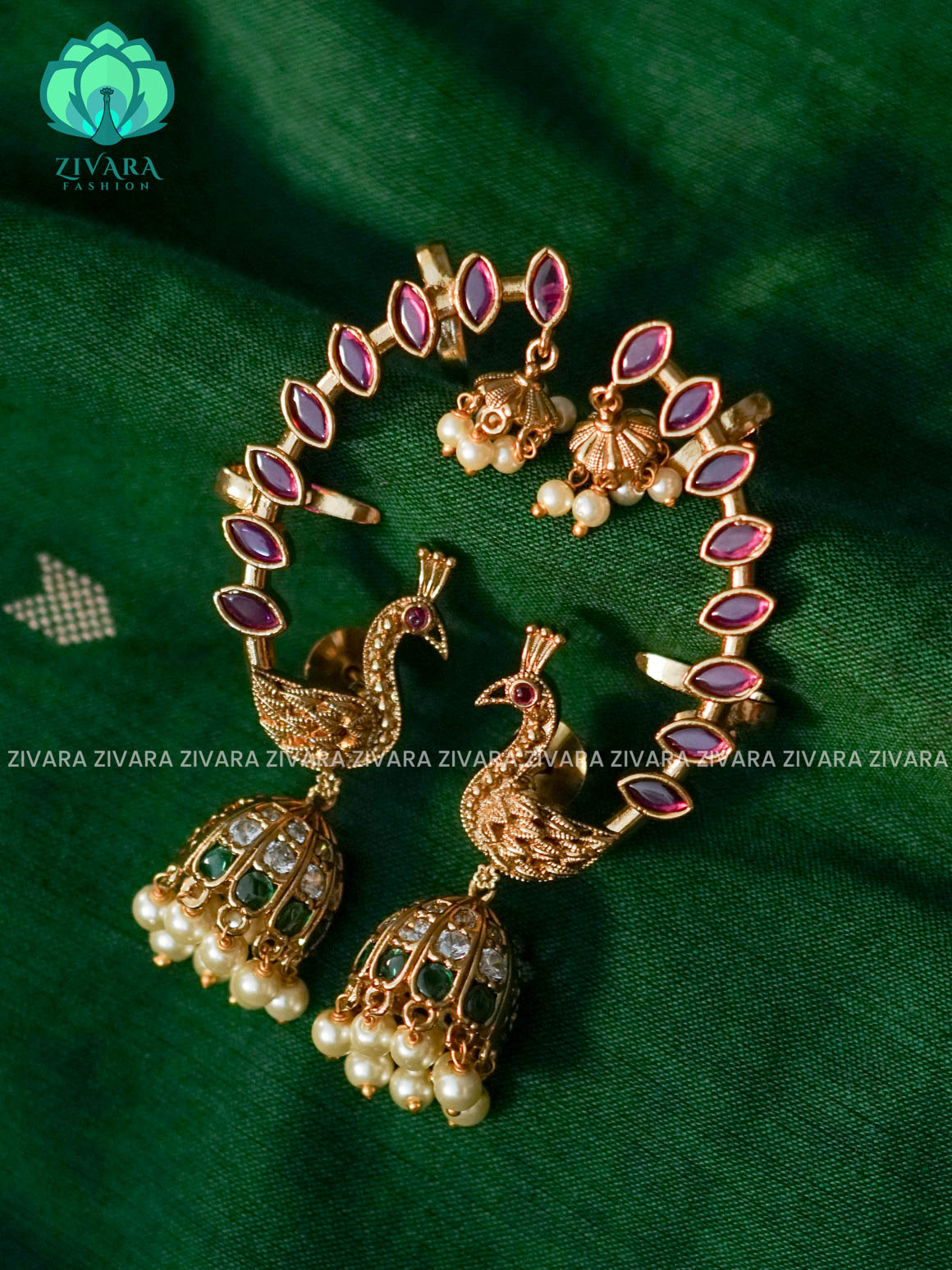 YASHIKA- RUBY REAL KEMP PEACOCK SEMI EARCUFF JHUMKA - latest jewellery collection- zivara fashion