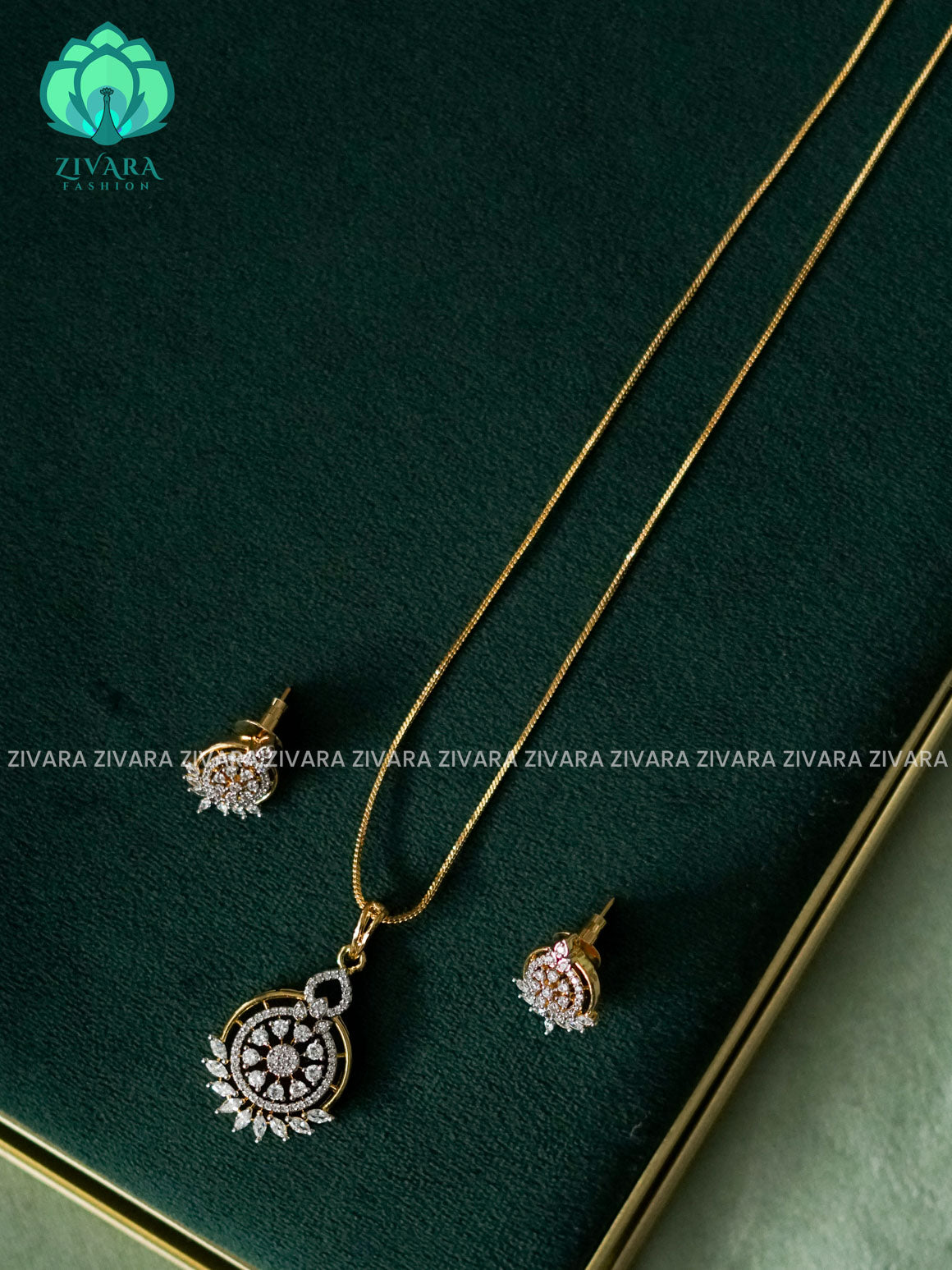 Zyra- Diamond replica Gold polish-pendant set and earrings ( CHAIN COMPLIMENTARY)  -Trending office wear jewellery-Zivara fashion