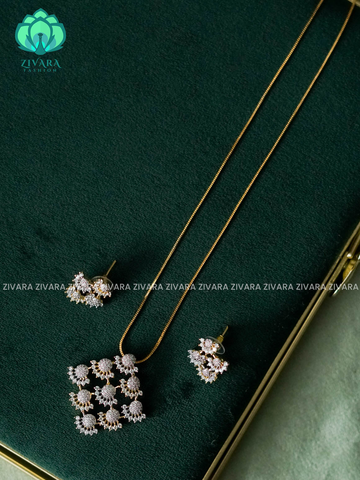 Zyra- Diamond replica Gold polish-pendant set and earrings ( CHAIN COMPLIMENTARY)  -Trending office wear jewellery-Zivara fashion
