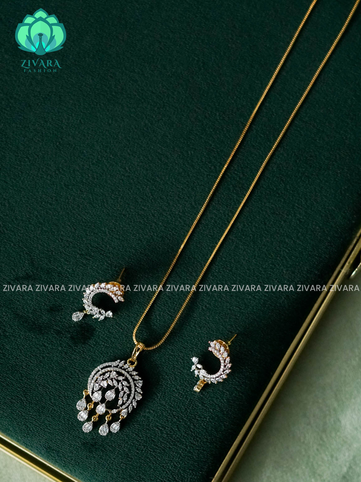 Zyra- Diamond replica Gold polish-pendant set and earrings ( CHAIN COMPLIMENTARY)  -Trending office wear jewellery-Zivara fashion