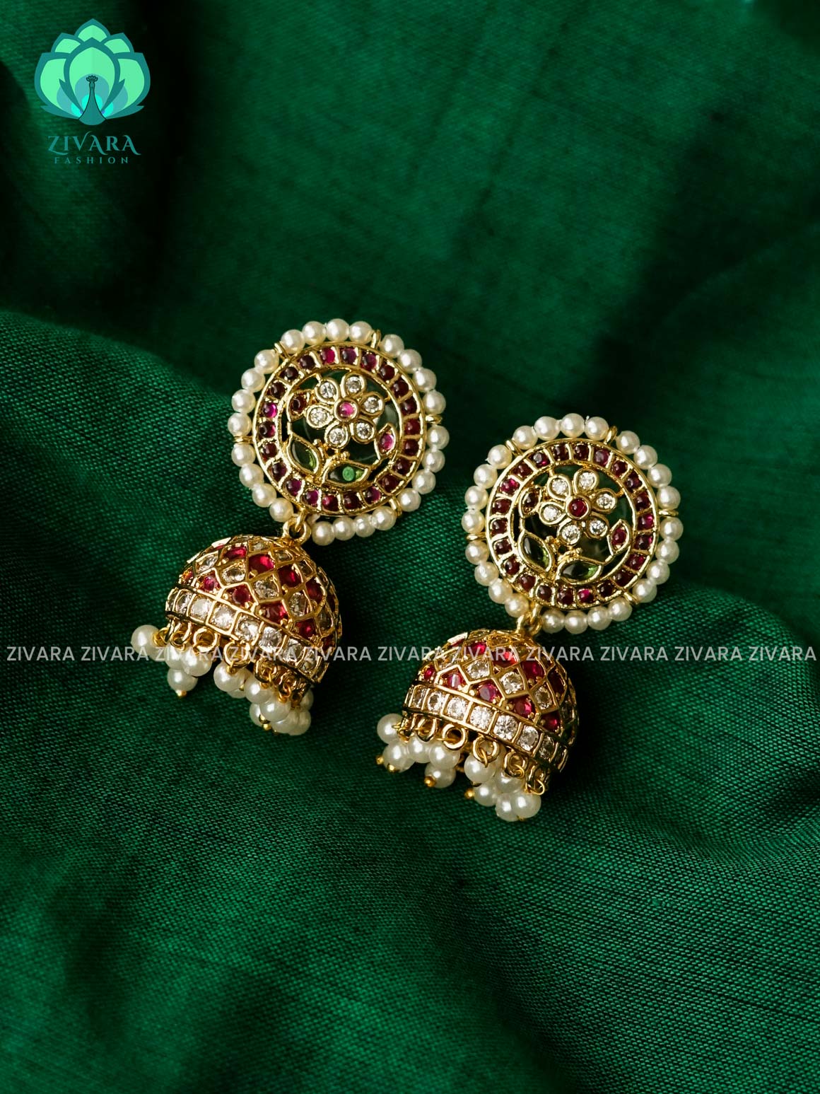 DIYA -  FLOWER PEARL JHUMKA - TRADITIONAL PREMIUM MATTE  polish JHUMKA- latest jewellery collection- zivara fashion