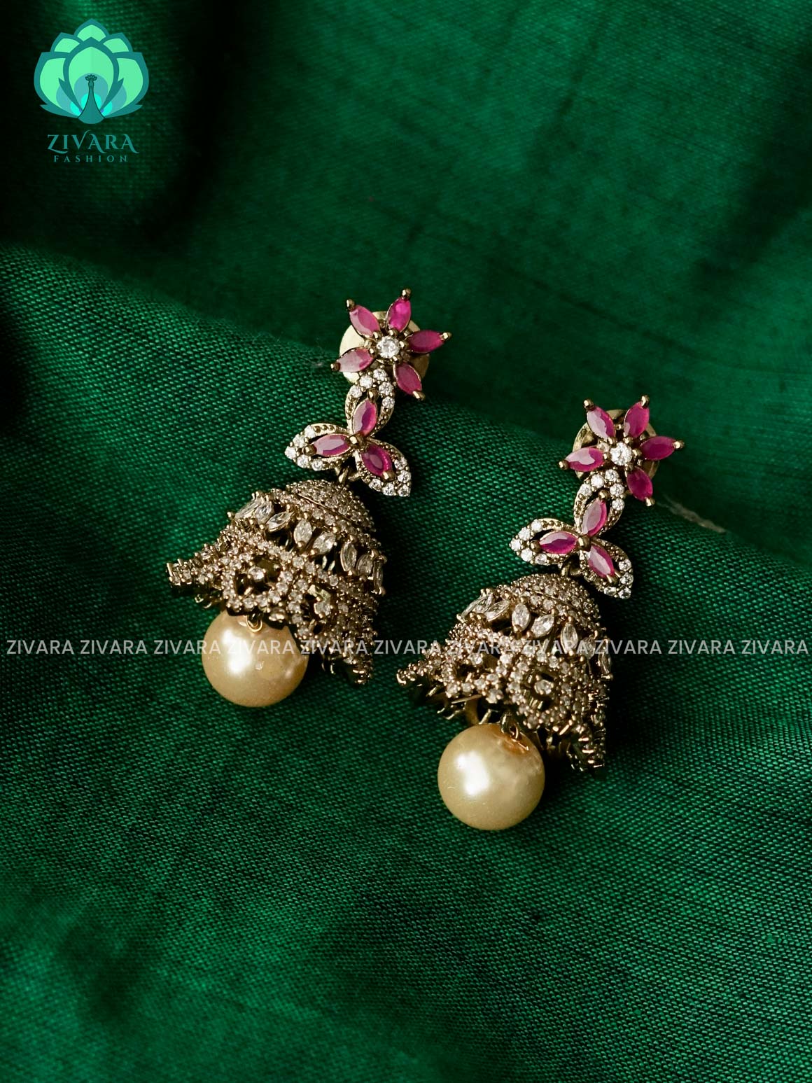 RUBY WHITE AD STONE FLORAL JHUMKA - Premium matte polish - latest trending collection - ZIVARA FASHION