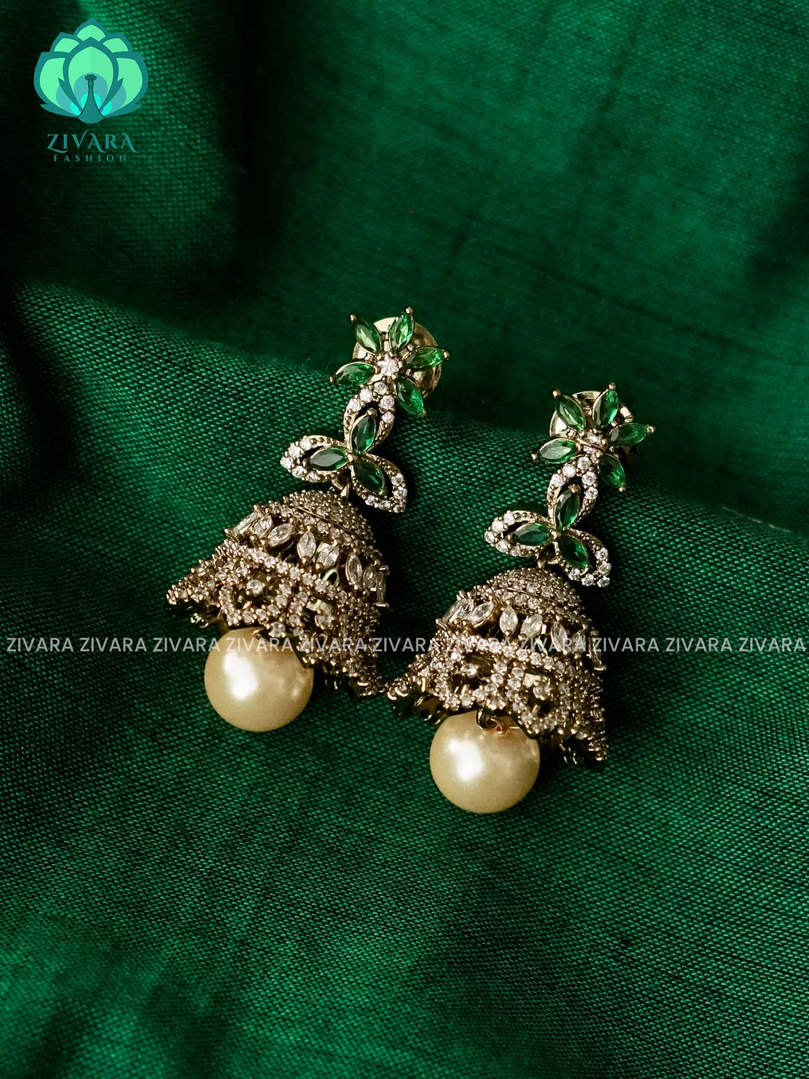 GREEN WHITE AD STONE FLORAL JHUMKA - Premium matte polish - latest trending collection - ZIVARA FASHION
