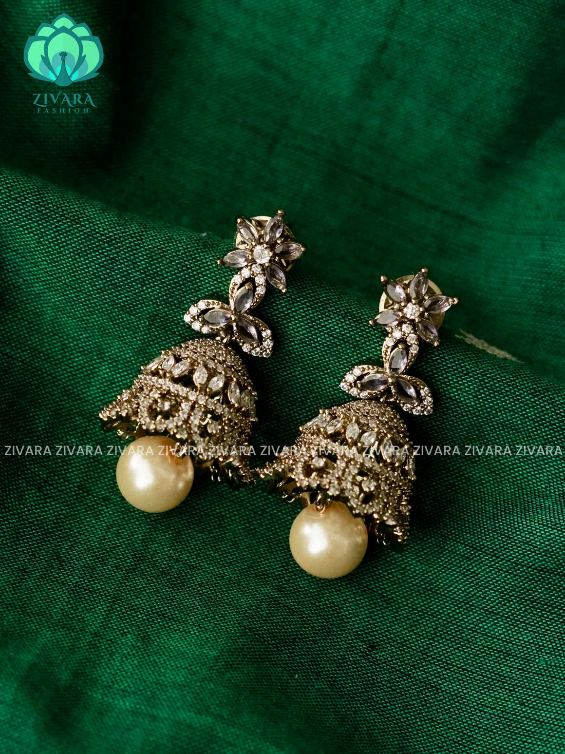 WHITE AD STONE FLORAL JHUMKA - Premium matte polish - latest trending collection - ZIVARA FASHION