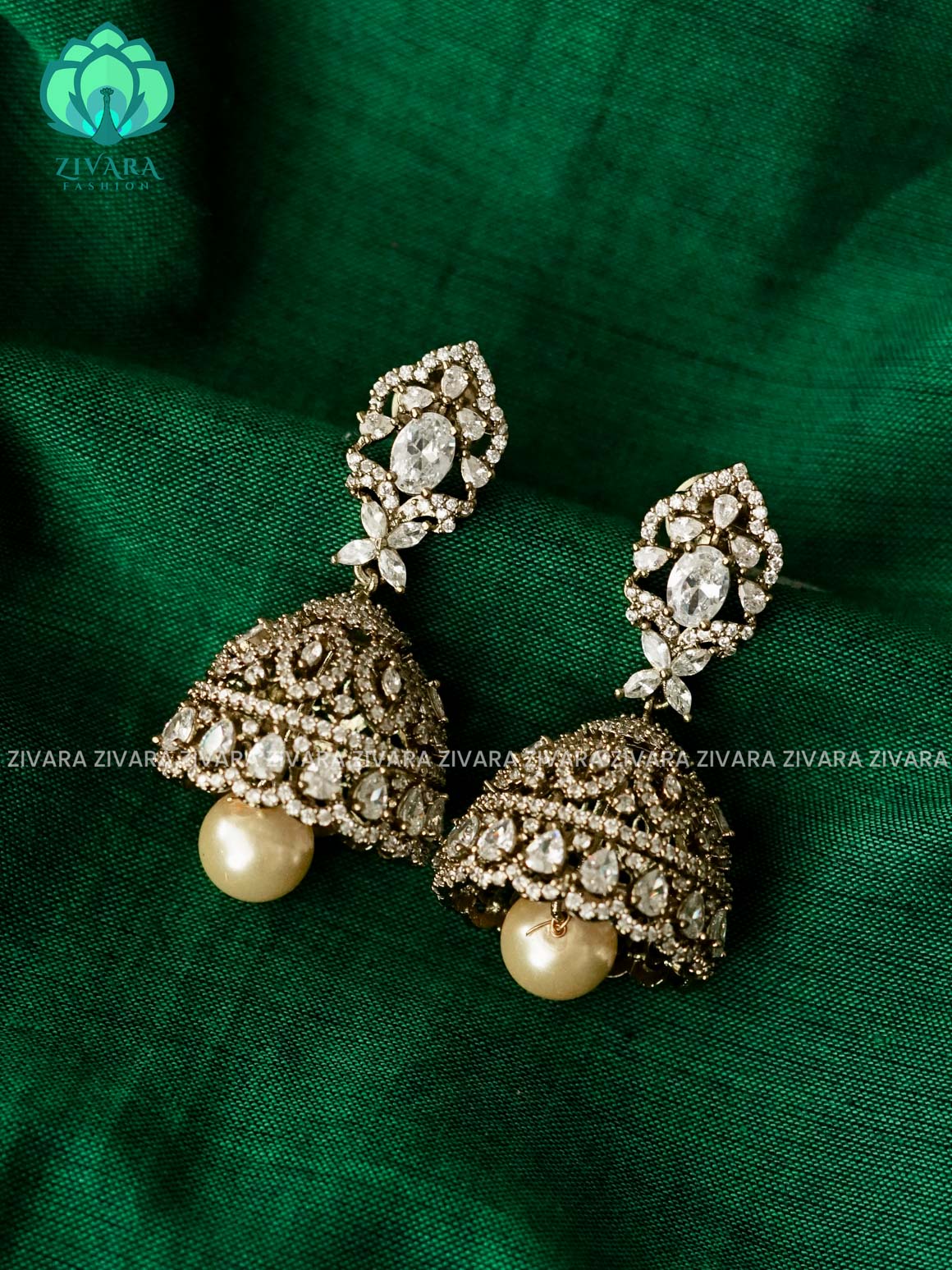 WHITE AD STONE MOTIF FREE JHUMKA - Premium matte polish - latest trending collection - ZIVARA FASHION