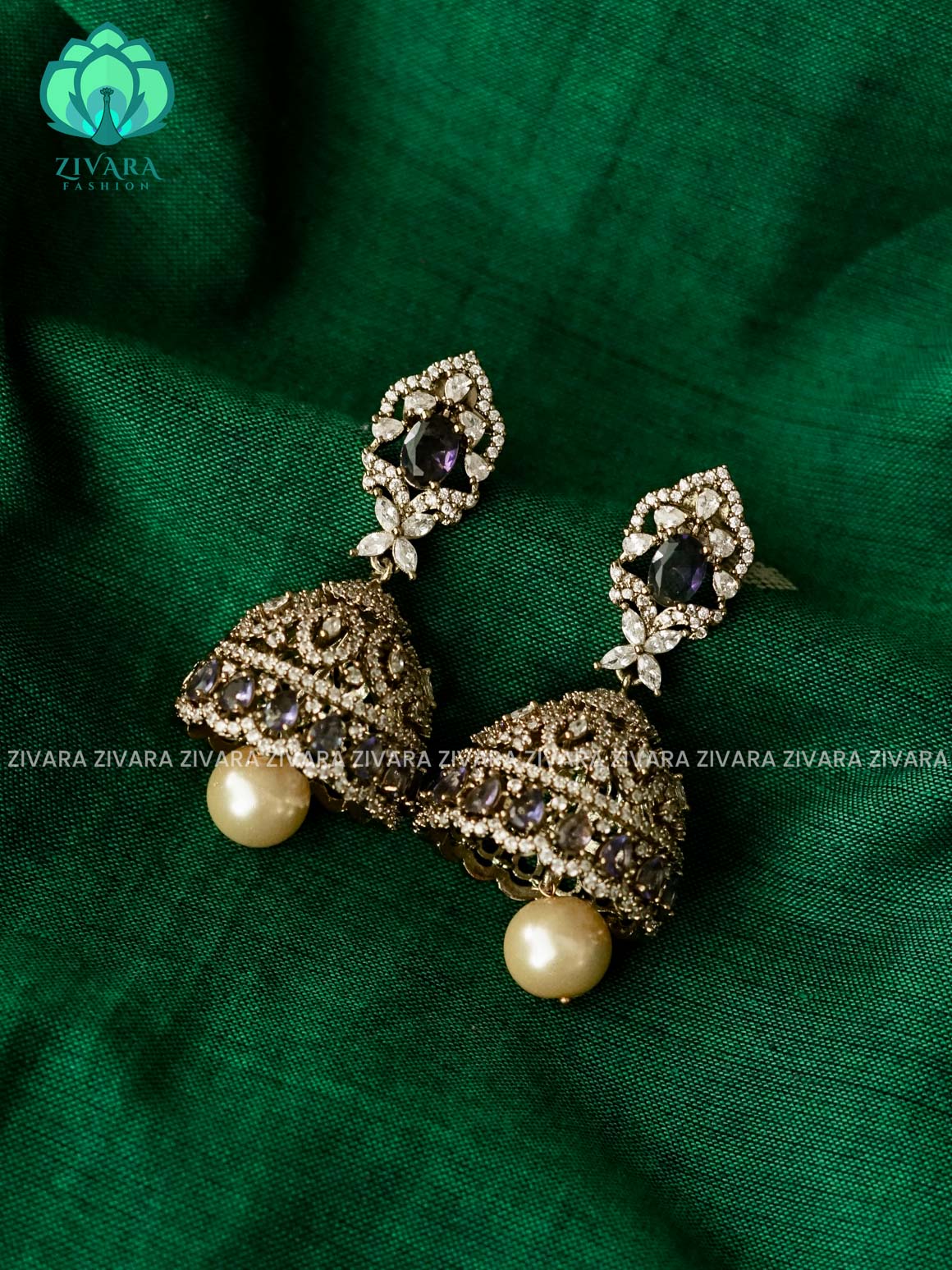 PURPLE WHITE AD STONE MOTIF FREE JHUMKA - Premium matte polish - latest trending collection - ZIVARA FASHION