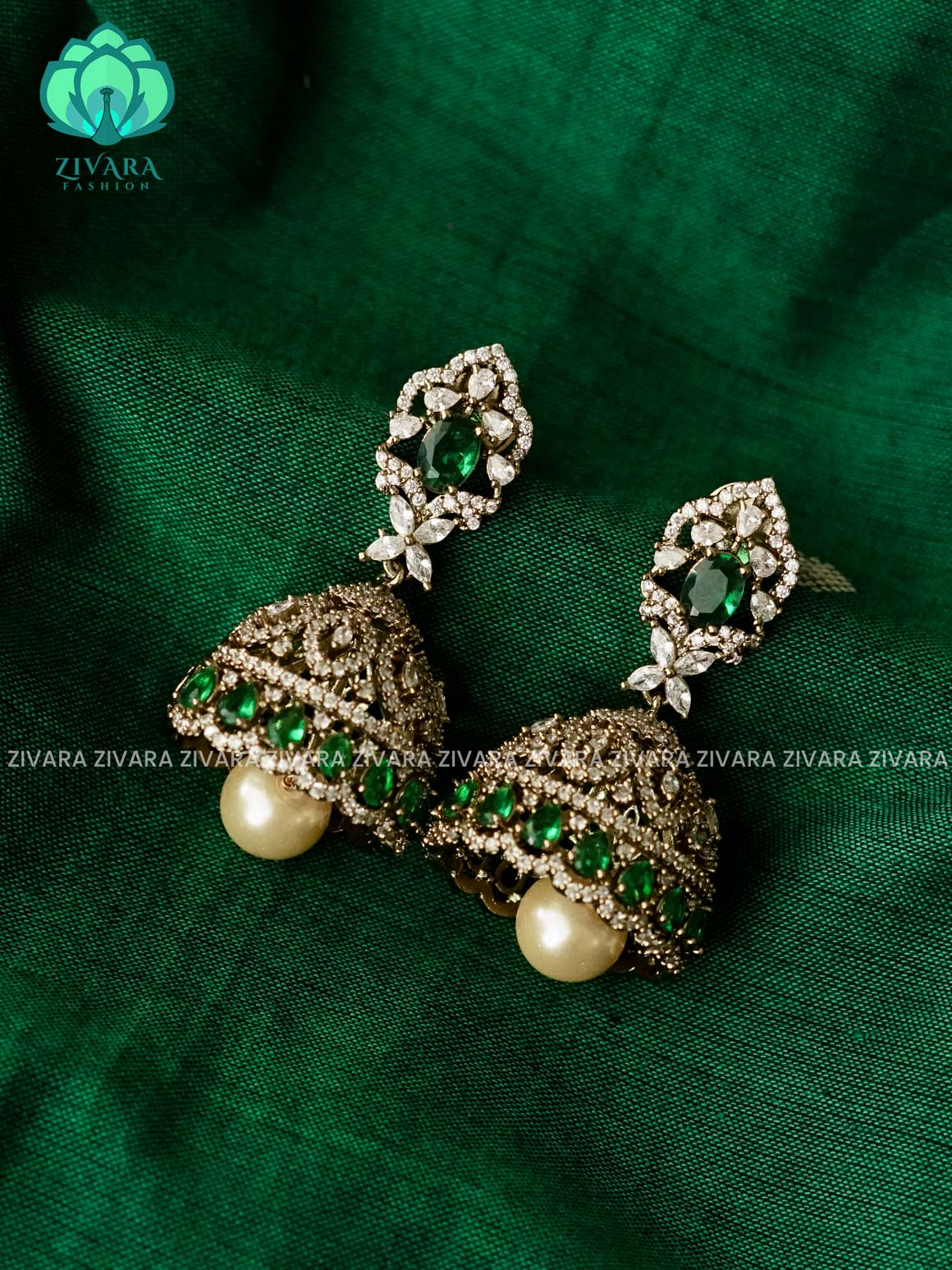 GREEN  WHITE AD STONE MOTIF FREE JHUMKA - Premium matte polish - latest trending collection - ZIVARA FASHION