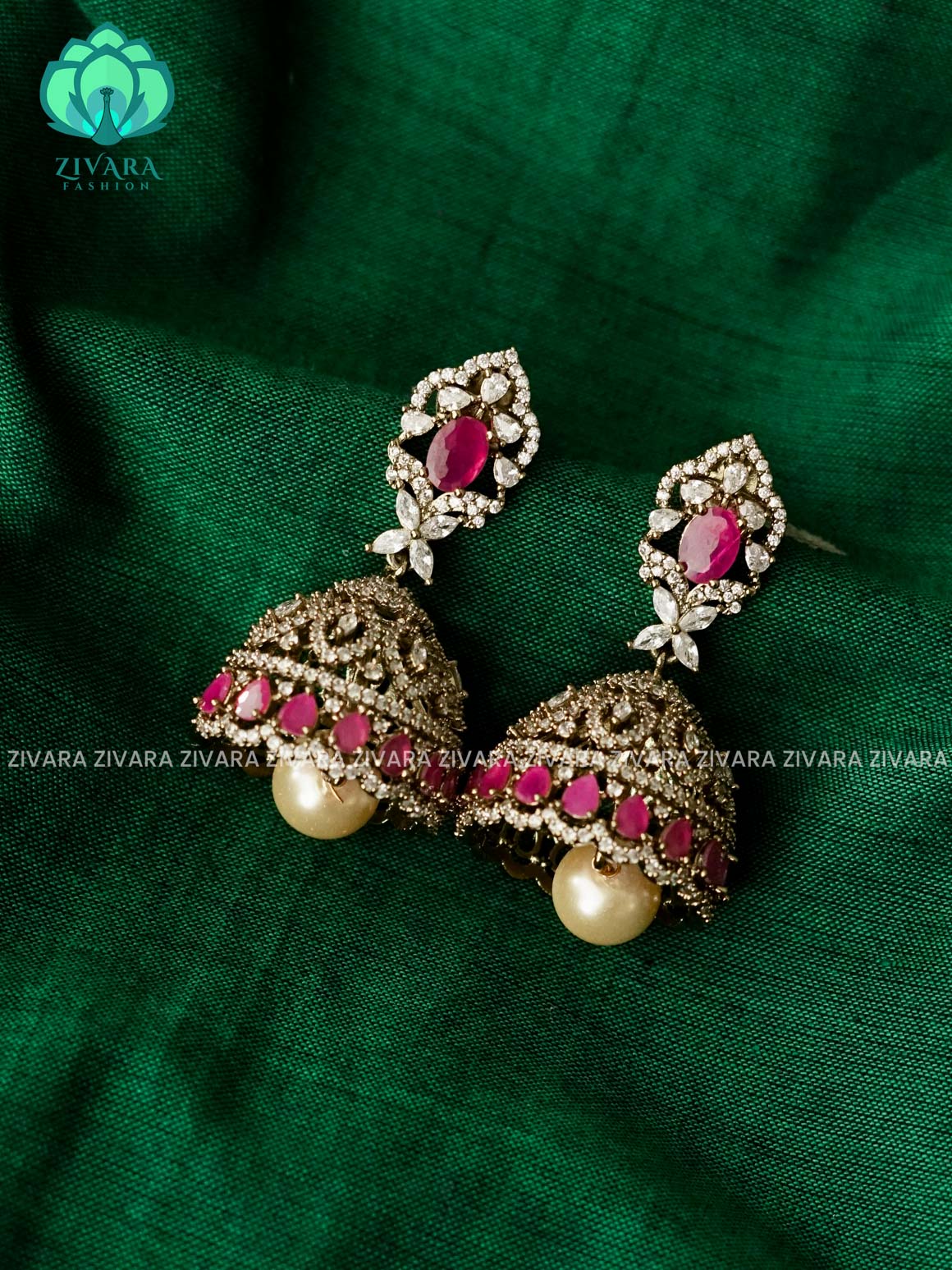 RUBY WHITE AD STONE MOTIF FREE JHUMKA - Premium matte polish - latest trending collection - ZIVARA FASHION