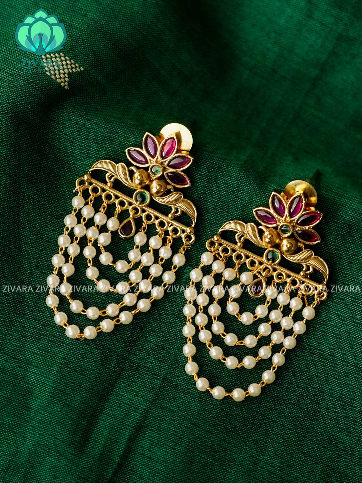 FLOWER  STUDS WITH PEARL HANGINGS  - latest jewellery collection- zivara fashion