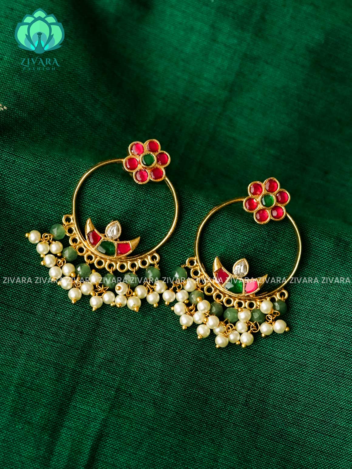 DIYA - JADAU FLOWER BALI WITH HANGINGS - PREMIUM MATTE polish BALI- latest jewellery collection- zivara fashion
