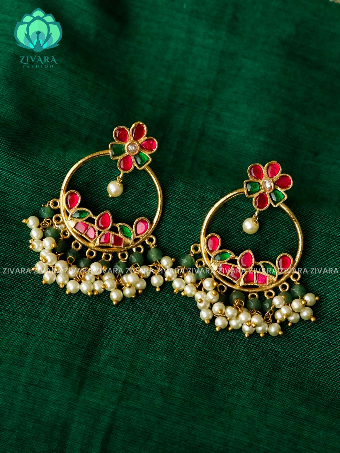 DIYA - JADAU FLOWER BALI WITH HANGINGS - PREMIUM MATTE polish BALI- latest jewellery collection- zivara fashion