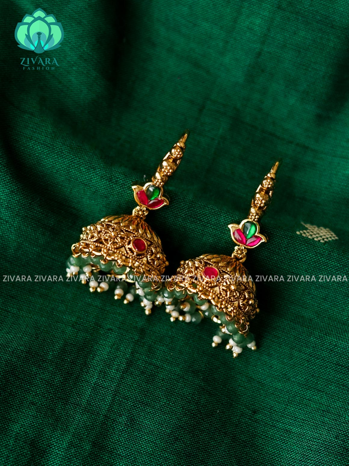JADAU STONE HOOK JHUMKA WITH GREEN BEADS HANGINGS - TRADITIONAL PREMIUM MATTE  polish JHUMKA- latest jewellery collection- zivara fashion