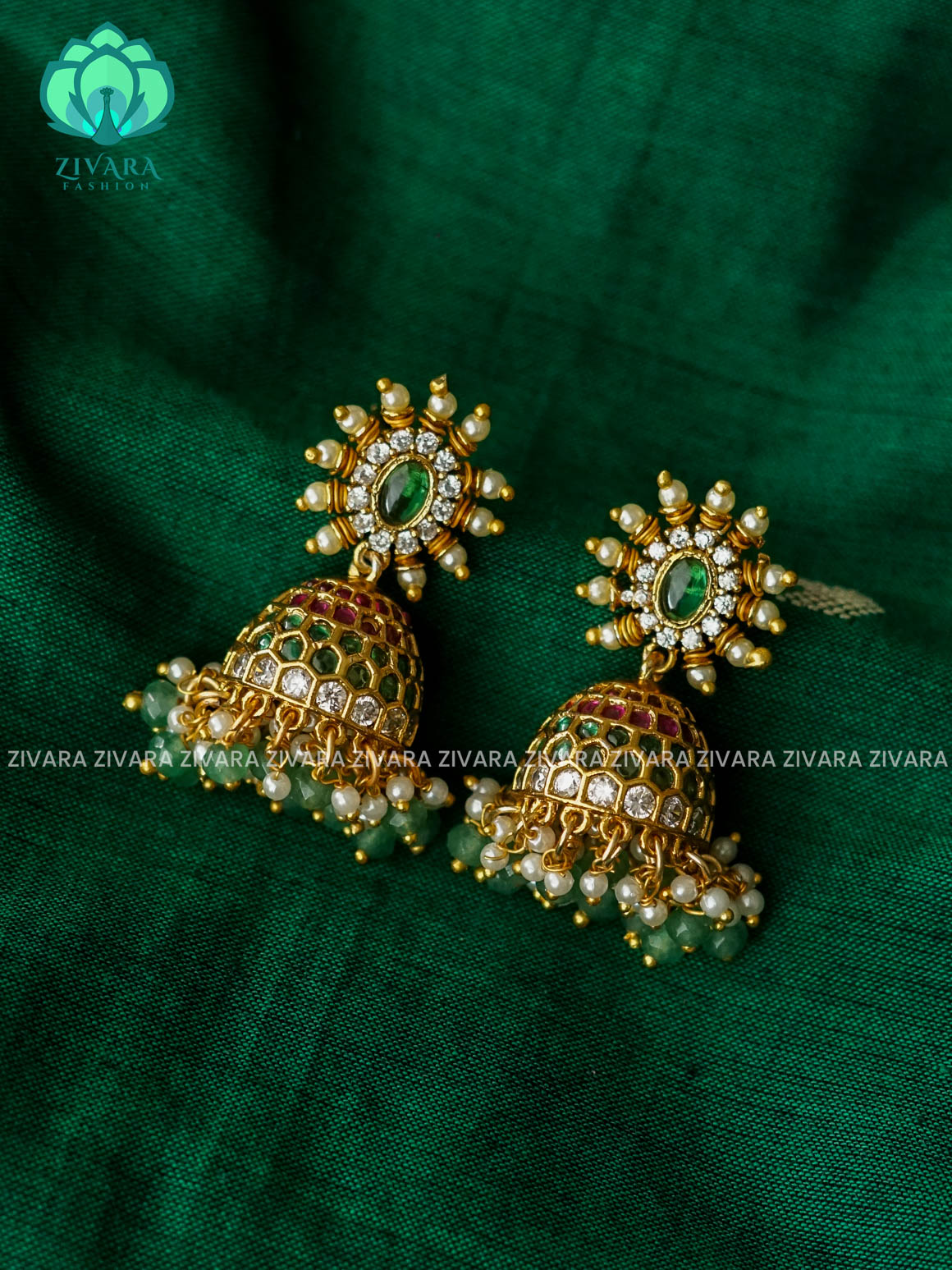 WHITE GREEN STONE JHUMKA WITH GREEN BEADS HANGINGS - Bridal PREMIUM MATTE  polish JHUMKA- latest jewellery collection- zivara fashion
