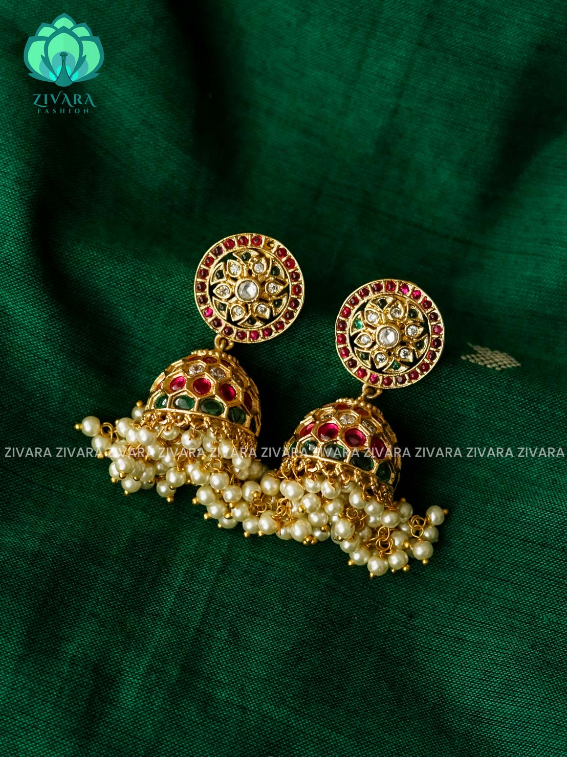 DIYA -  FLOWER PEARL HANGING JHUMKA - TRADITIONAL PREMIUM MATTE  polish JHUMKA- latest jewellery collection- zivara fashion