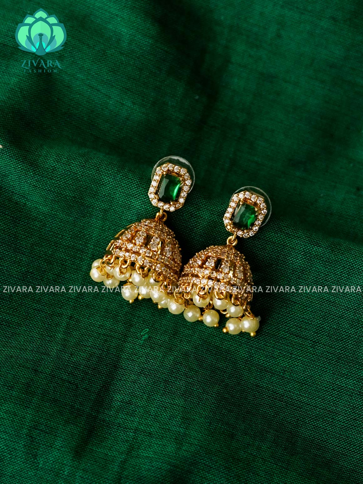 WHITE GREEN STONE JHUMKA - latest trending collection - ZIVARA FASHION