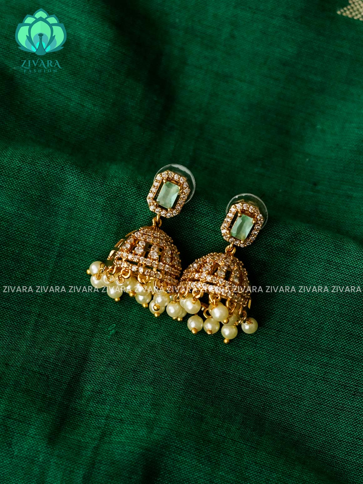 WHITE PASTEL GREEN STONE JHUMKA - latest trending collection - ZIVARA FASHION
